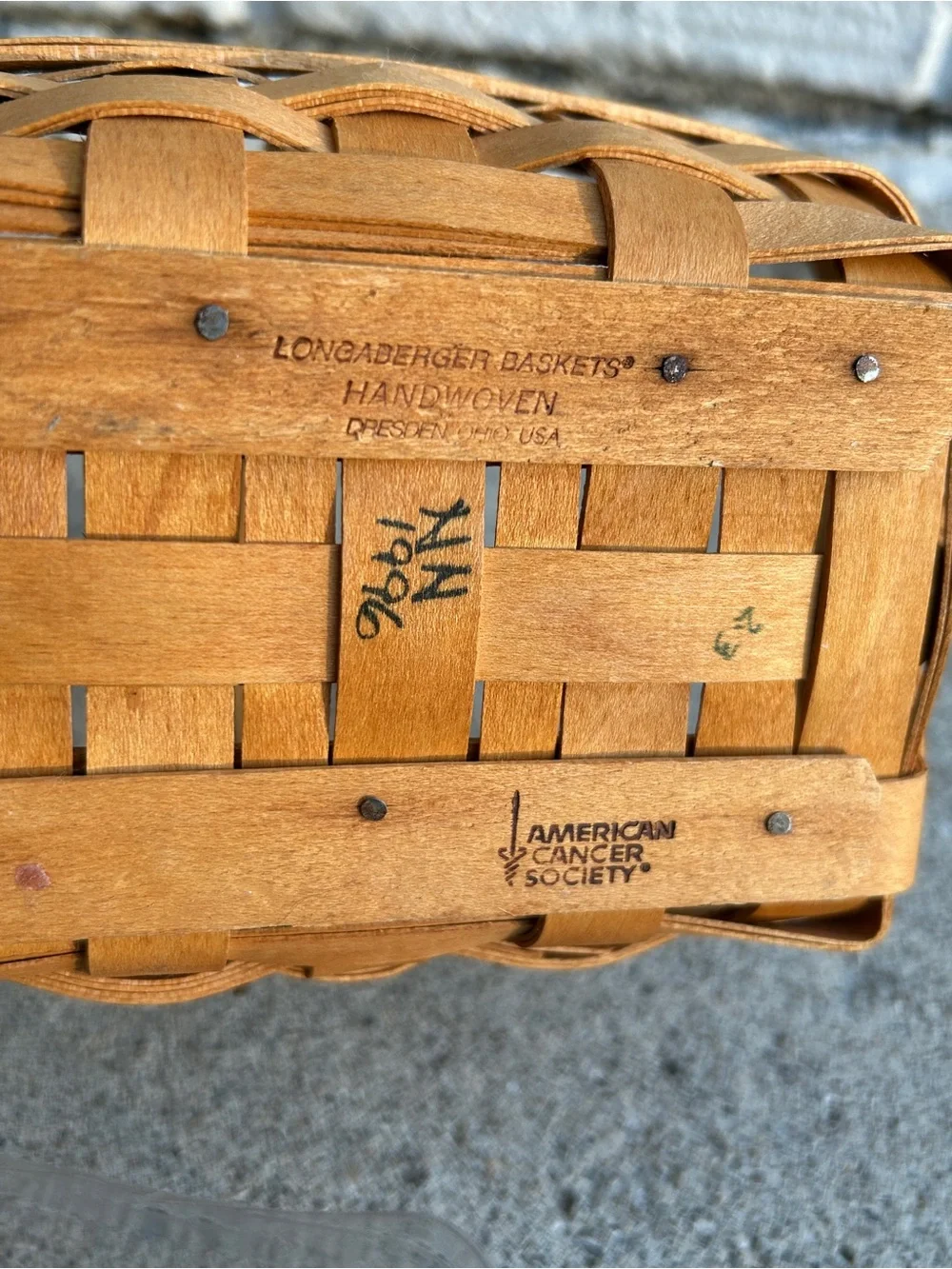 1996 Handwowen Longaberger Basket.  American Cancer Society